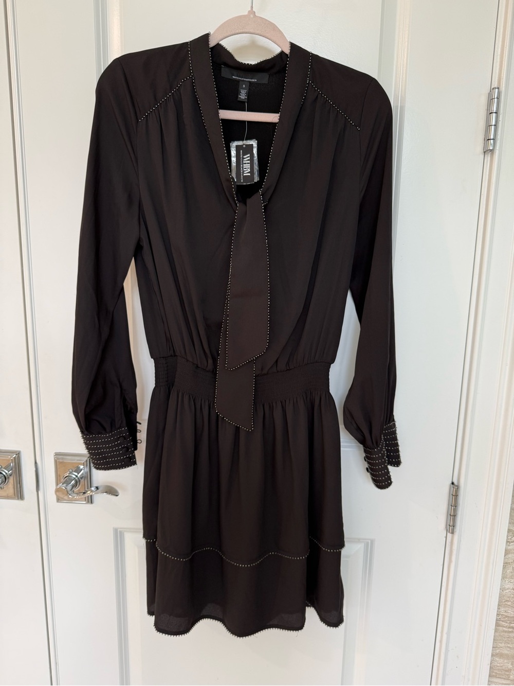 White House Black MarketBlack Long-Sleeve Tie-Neck Dress